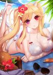  2016 ankkoyom artist_name bangs barefoot beach bikini blue_sky blush bottle bow bracelet breasts cleavage dappled_sunlight day demon_tail demon_wings eyebrows eyebrows_visible_through_hair eyelashes eyewear_removed feet flower hair_between_eyes hat hat_flower head_tilt heterochromia hibiscus highres horn jewelry large_breasts legs_up lens_flare long_hair looking_at_viewer lotion lying ocean on_stomach original outdoors parted_lips plumeria pointy_ears purple_eyes red_bow red_eyes red_flower sand side-tie_bikini sky soles solo sparkle straw_hat summer sunglasses sunlight swimsuit tail tail_slit_clothes text_focus the_pose tree twintails white_bikini white_flower white_wings wings 