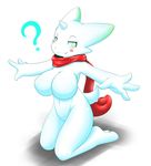  2016 ? anthro big_breasts blue_eyes blue_sclera blush breasts cute dragon el&#039;ciath_runethorias featureless_breasts female half-closed_eyes hi_res horn kneeling looking_at_viewer mostly_nude navel pussy scarf simple_background smile solo tailzkim white_background 