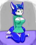  2016 blue_fur blue_hair blush breasts canine chameloshi cleavage clothed clothing female fox fur green_eyes hair hi_res jewelry keyhole_turtleneck krystal looking_at_viewer mammal nintendo panties sitting smile solo star_fox sweater underwear video_games white_fur 