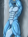 2014 abs anthro athletic barazoku biceps big_muscles blue_skin fish flexing hands_behind_head hood japanese_text kemono male marine mask muscular muscular_male nude pecs pose ryuukikeito scales scalie shark slit solo standing steel_shark sweat text translated 