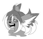 2018 ahoge anthro black_sclera blush canid canine canis caradhina digital_media_(artwork) embers female fire fur hair hi_res long_hair mammal open_mouth simple_background smile solo yogoat 