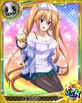  ahoge artist_request beret blonde_hair breasts card_(medium) character_name chess_piece covered_nipples food hat high_school_dxd ice_cream long_hair medium_breasts off-shoulder_sweater official_art pantyhose purple_eyes ribbed_sweater rook_(chess) shidou_irina skirt solo sweater trading_card twintails very_long_hair 