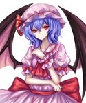  absurdres bad_id bad_pixiv_id bat_wings blue_hair dress hat highres mob_cap puffy_short_sleeves puffy_sleeves red_eyes remilia_scarlet sheya short_hair short_sleeves smile solo touhou wings wrist_cuffs 