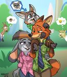  anthro blue_eyes box buckteeth canine cheetah city clothed clothing confusion cub disney english_text eye_contact feline female fox giraffe green_eyes group heresy_(artist) humor judy_hopps lagomorph male mammal necktie nick_wilde outside purple_eyes rabbit romantic_couple smile teeth text thought_bubble wedding_ring young zootopia 