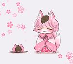  :&gt; alternate_color animal_ears blush closed_eyes closed_mouth commentary eyebrows eyebrows_visible_through_hair floral_background floral_print food fox_ears fox_tail full_body grey_background hair_ornament komaku_juushoku leaf leaf_hair_ornament leaf_on_head multiple_tails pink pink_hair plate sakura_mochi simple_background smile solo standing tail touhou two_tails wagashi white_background wide_sleeves yakumo_ran younger 