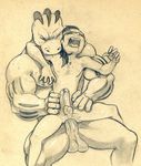  anal anal_penetration anthro balls big_dom_small_sub bite chair_position duo erection eyes_closed from_behind_position headband human human_on_anthro humanoid_penis interspecies machoke male male/male mammal monochrome mostly_nude muscular nintendo nude on_lap open_mouth pain pecs pencil_(artwork) penetration penis pok&eacute;mon pok&eacute;mon_trainer precum rough_sex sex size_difference spread_legs spreading straining sweat traditional_media_(artwork) tush video_games 
