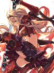  armor armored_boots ass bangs belt black_legwear black_panties blonde_hair blue_eyes boots braid breasts cleavage crop_top eredhen frilled_skirt frills from_side gauntlets granblue_fantasy hair_ornament hairband holding holding_weapon leg_up light_particles long_hair looking_at_viewer md5_mismatch medium_breasts midriff miniskirt navel panties pantyshot pauldrons profile red_armor skirt solo sweat thigh_boots thighhighs twintails underwear upskirt weapon zeta_(granblue_fantasy) 