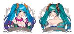  arcade_sona bad_id bad_twitter_id bare_shoulders beads blue_hair breasts character_name cleavage clenched_hands dual_persona earrings green_hair hair_ornament jewelry large_breasts league_of_legends lipstick makeup multiple_girls nabicarol_(na_lolol) prayer_beads red_lipstick smile sona_buvelle star star_earrings star_hair_ornament twintails twitter_username 