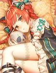  alternate_costume animal_ears bow braid cat_ears cropped dress extra_ears frilled_pillow frills hair_bow kaenbyou_rin kikugetsu leg_ribbon looking_at_viewer lying on_bed on_side orange_eyes pillow pointy_ears puffy_sleeves red_hair ribbon short_sleeves skull solo thighhighs touhou twin_braids white_legwear 