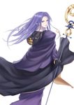  black_gloves braid caster dmtwd dress fate/stay_night fate_(series) gloves highres hood hood_down long_hair looking_at_viewer looking_back pointy_ears purple_dress purple_eyes purple_hair robe side_braid solo staff 