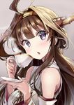  ahoge bare_shoulders brown_hair cup detached_sleeves double_bun hairband headgear japanese_clothes kakao_rantan kantai_collection kongou_(kantai_collection) long_hair looking_at_viewer nontraditional_miko open_mouth purple_eyes ribbon-trimmed_sleeves ribbon_trim saucer solo tea teacup 