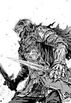  armor asanagi ashen_one_(dark_souls_3) cape dark_souls_iii dual_wielding full_armor gauntlets greyscale helmet highres holding holding_sword holding_weapon male_focus monochrome simple_background solo souls_(from_software) sword torn_cape weapon white_background 