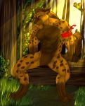  3_toes 5_fingers black_nose brown_fur claws detailed_backround featureless_crotch forest fur grass grin hair hyaenid leaf light log mammal red_eyes ribbons sitting smile spots spotted_hyena sunlight tan_fur toe_claws toes tree unknown_artist wood 