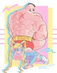  1girl blonde_hair capcom frown grappler highres pro_wrestler push-ups rainbow_mika sitting sitting_on_person street_fighter street_fighter_v twintails zangief zonknuckle 