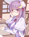  bad_id bad_twitter_id bespectacled blush book breast_rest breasts bun_cover capelet chair crescent crescent_hair_ornament double_bun dress glasses hair_ornament igakusei jpeg_artifacts large_breasts long_hair long_sleeves looking_at_viewer open_book patchouli_knowledge pink_eyes purple_hair red-framed_eyewear sitting smile solo striped striped_dress table touhou upper_body 