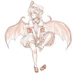  bat_wings blush feet full_body hat hat_ribbon highres kuro_suto_sukii leg_up looking_at_viewer mary_janes mob_cap monochrome no_socks puffy_sleeves red_eyes remilia_scarlet ribbon shoes shoes_removed short_sleeves single_shoe sitting sketch skirt solo touhou white_background wings 