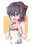  2015 :o bare_shoulders black_hair burn_scar collarbone dated dorei_to_no_seikatsu_~teaching_feeling~ dress food hair_between_eyes hair_ornament hair_ribbon hairclip holding holding_food long_hair nekonyan_(nekoworld) open_mouth ponytail purple_eyes ribbon sandwich scar signature simple_background solo spaghetti_strap sundress sylvie_(dorei_to_no_seikatsu) upper_body 