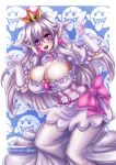  1girl breasts cleavage dress earrings fangs ghost_pose gloves huge_breasts jewelry long_dress long_hair mario_(series) new_super_mario_bros._u_deluxe open_mouth pointy_ears princess_king_boo purple_eyes sevie silver_hair smile solo super_crown white_dress white_gloves 
