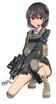  armband boots brown_eyes brown_hair dreadtie gloves gun hair_ornament hairclip headset highres holding holding_gun holding_weapon imi_uzi knee_pads load_bearing_vest machine_pistol micro_uzi miniskirt one_knee original plate_carrier pleated_skirt reflex_sight serious simple_background skirt solo submachine_gun uniform vest weapon white_background 