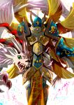  angel_wings armor armored_boots backlighting boots breastplate claws digimon dragon feathered_wings full_armor gauntlets golden_wings green_eyes helmet horns magnadramon multiple_wings no_humans pauldrons seraphimon sharp_teeth snout teeth white_wings wings winni 