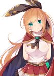  arms_behind_back blush breasts cape clarisse_(granblue_fantasy) granblue_fantasy green_eyes hairband highres koga_rejini large_breasts long_hair looking_at_viewer orange_hair ponytail simple_background skirt smile solo white_background 