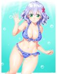  amagi_brilliant_park bikini blue_bikini blue_hair blush breasts cleavage earrings flower frilled_bikini frills green_eyes hair_flower hair_ornament jewelry large_breasts looking_at_viewer muse_(amaburi) navel onsoku_maru short_hair smile solo swimsuit 