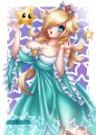  1girl bare_shoulders blonde_hair blue_eyes breasts bursting_breasts cleavage collarbone crown dress hair_over_one_eye large_breasts long_hair luma mario_(series) nintendo parted_lips rosetta_(mario) sevie strapless super_mario_galaxy wand 