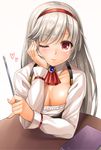  anna_(sennen_sensou_aigis) blush breasts chin_rest cleavage desk hairband lambda_(kusowarota) large_breasts long_hair looking_at_viewer one_eye_closed pointer red_eyes sennen_sensou_aigis silver_hair smile solo upper_body 