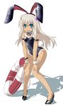  animal_ears armband bare_legs blonde_hair blue_eyes bow bowtie bunny_ears bunny_tail bunnysuit commentary_request detached_collar flower goma_(gomasamune) hair_flower hair_ornament hairband hands_on_own_knees high_heels highres kantai_collection knees_together_feet_apart leaning_forward lifebuoy long_hair looking_at_viewer one-piece_tan open_mouth ro-500_(kantai_collection) shadow smile solo tail tan tanline wrist_cuffs 