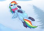  2016 equine female feral friendship_is_magic hair hi_res lying mammal multicolored_hair multicolored_tail my_little_pony on_back outside pegasus rainbow_dash_(mlp) rainbow_hair rainbow_tail sarmateppou scarf snow solo wings winter 