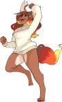  2018 ahoge anthro big_butt black_sclera bottomless breasts butt canid canine canis caradhina clothed clothing cosmicminerals digital_media_(artwork) digitigrade embers female fire fur hair hi_res larroqm long_hair looking_at_viewer mammal open_mouth simple_background smile solo sweater thick_thighs tongue 