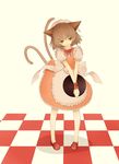  absurdres animal_ears apron brown_eyes cat_ears cat_tail chen earrings highres jewelry momocan_(11224567) multiple_tails red_eyes short_hair solo tail touhou waitress 