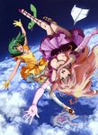  :d above_clouds absurdres ahoge ai-kun blonde_hair blue_eyes breasts cleavage cloud dress dutch_angle earrings elbow_gloves falling freefall frilled_dress frills gloves green_hair highres jewelry large_breasts leg_ribbon long_hair long_legs macross macross_frontier multiple_girls official_art open_mouth outstretched_arms outstretched_hand paper_airplane ranka_lee red_eyes ribbon scan sheryl_nome short_hair sky small_breasts smile spread_arms takahashi_yuuichi thighhighs upside-down white_legwear 