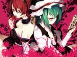  album_cover back-to-back bare_shoulders blood blue_eyes bow breasts choker cleavage cover detached_sleeves flower green_hair grey_nails hair_bow hair_ornament hat highres large_breasts leaf legs long_sleeves multiple_girls nail_polish onozuka_komachi open_clothes open_shirt red_eyes red_hair redalice riku_(wana) rod_of_remorse shiki_eiki shirt sitting smile touhou two_side_up wallpaper yin_yang 