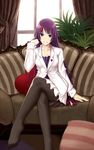  absurdres adjusting_hair bakemonogatari black_legwear blue_eyes couch crossed_legs feet hair_ornament hairclip highres illusionk lace lace-trimmed_thighhighs legs long_hair monogatari_(series) pleated_skirt purple_hair senjougahara_hitagi sitting skirt solo stapler thighhighs thighs window 