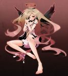  angel bad_id bad_pixiv_id barefoot black_wings blonde_hair bloomers blush feet frills halo legs lingerie lips long_hair navel open_mouth original plastick red_eyes ribbon sitting solo underwear very_long_hair wings 