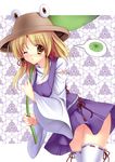  bad_id bad_pixiv_id blonde_hair caidychen cowboy_shot hair_ribbon hat highres lily_pad moriya_suwako one_eye_closed ribbon solo speech_bubble spoken_object thighhighs touhou yellow_eyes zettai_ryouiki 