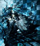  black_hair black_rock_shooter black_rock_shooter_(character) blue_eyes burning_eye chain checkered gene_(pixiv) highres long_hair navel scar shorts solo thighhighs twintails very_long_hair weapon 