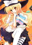  blonde_hair blush book braid candy cookie food hair_ribbon halloween hat jack-o'-lantern kirisame_marisa long_hair mamita mismatched_legwear pumpkin ribbon solo striped striped_legwear thighhighs touhou witch_hat yellow_eyes 