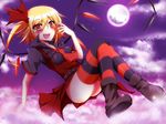  blonde_hair blush boots fang flandre_scarlet halloween highres solo striped striped_legwear suterii thighhighs touhou wings 