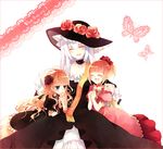  blonde_hair blue_eyes bug butterfly closed_eyes dress dual_persona flower hair_flower hair_ornament hat hime_cut insect long_hair multiple_girls rose silver_hair smile suzushiro_kurumi time_paradox umineko_no_naku_koro_ni ushiromiya_beatrice virgilia younger 