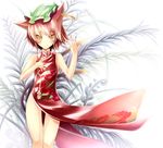  animal_ears brown_eyes brown_hair cat_ears cat_tail chen china_dress chinese_clothes dress earrings hat jewelry md5_mismatch multiple_tails otogi_kyouka solo tail touhou 