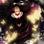  bad_id bad_pixiv_id beatrice blonde_hair bow bug butterfly dress flower from_above green_eyes hair_ornament highres insect realistic rose solo tsuyomaru umineko_no_naku_koro_ni 