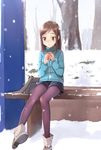  bad_id bad_pixiv_id bag blush boots brown_eyes brown_hair can higashi_no_eden highres katsuhara_mikuru legs legwear_under_shorts long_hair pantyhose pantyhose_under_shorts shorts sitting snow solo yuki_usagi_(mofurafu) 