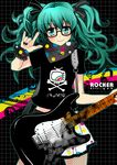  \m/ absurdres alternate_costume aqua_eyes aqua_hair ascot bangs bespectacled black_nails bracelet clothes_writing curly_hair english fishnets glasses guitar hair_ribbon hands hatsune_miku highres instrument jewelry killyoh long_hair nail_polish polka_dot rainbow ribbon shirt skirt skull_and_crossbones smile solo t-shirt twintails vocaloid wrist_cuffs 