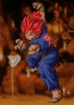  absurdres cosplay crossover dark_skin dark_skinned_male deka_master dragon_ball dragon_ball_z fighting_stance fusion gouki gouki_(cosplay) heaven_(kanji) highres male_focus orange_background red_hair solo son_gokuu street_fighter 