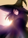  bad_id bad_pixiv_id black_eyes black_hair brown_background cape fur goggles goggles_removed hat highres lens_flare long_hair original smile solo sun sunlight teti witch witch_hat 