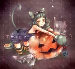  ameiro animal_ears cat_ears cat_paws cat_tail face fish gloves goggles green_hair halloween hand_on_own_face jack-o'-lantern original overalls paw_gloves paws pumpkin short_hair solo striped striped_legwear tail thighhighs trick_or_treat yellow_eyes 