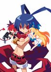  2girls absurdres antenna_hair bat_wings blonde_hair blue_eyes blue_hair bracelet demon_girl demon_tail detached_sleeves disgaea earrings elbow_gloves etna flat_chest flonne gloves harada_takehito highres jewelry laharl long_hair makai_senki_disgaea minigirl multiple_girls official_art pointy_ears red_eyes red_hair red_shorts ribbon scarf shorts simple_background tail thighhighs twintails wings 