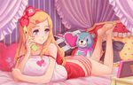  bad_id bad_pixiv_id bangs bare_shoulders barefoot bed blonde_hair blue_eyes blush bow camisole canopy_bed cellphone cellphone_charm eyelashes feet_up fingernails flip_phone frilled_pillow frills full_body grin hair_bow hair_ornament hairclip harupy heart heart-shaped_pupils heart_hair_ornament holding holding_phone indoors lingerie long_fingernails long_hair looking_away looking_to_the_side lying nail_polish off_shoulder on_bed on_stomach original panties phone picture_frame pillow pink_nails ribbon smile solo strap_slip striped striped_panties stuffed_animal stuffed_toy swept_bangs symbol-shaped_pupils teddy_bear the_pose underwear wallpaper_(object) 